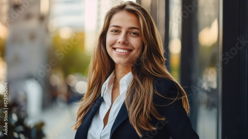 Obraz na płótnie business woman in a suit standing smiling for a portrait outdoors w salonie