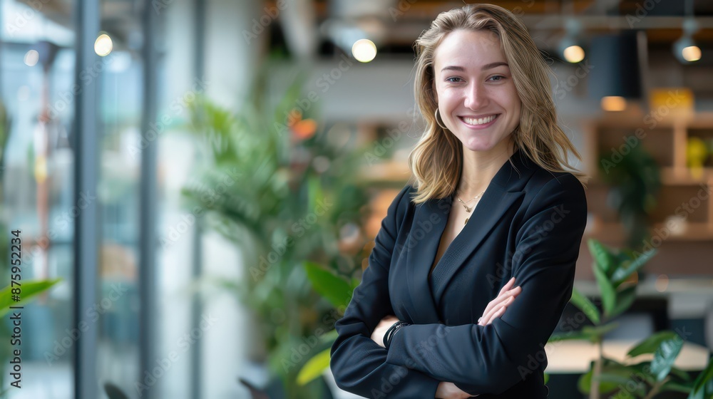 business woman in a suit standing smiling for a portrait outdoors