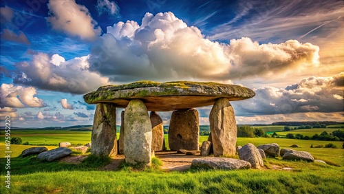 Neolithic dolmen structure made of large stones in a field , history, ancient photo