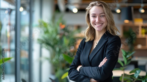 Obraz na płótnie business woman in a suit standing smiling for a portrait outdoors w salonie