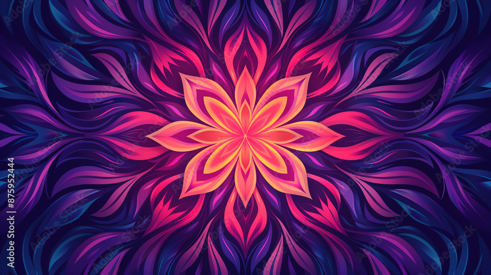 Symmetrical abstract pattern in purple and pink with yellow accents Symmetrical abstract pattern in purple and pink with yellow accents