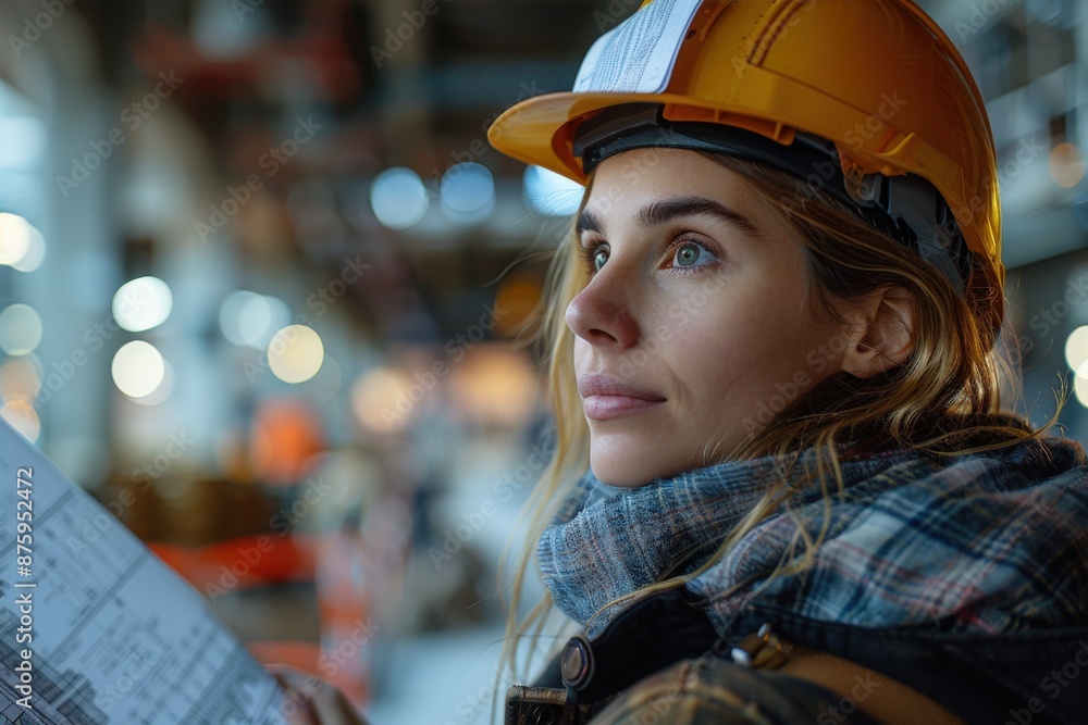 A contemplative female engineer wearing a safety hat and scarf studies a construction blueprint at a bustling project site, symbolizing dedication and precision in her profession. A contemplative female engineer wearing a safety hat and scarf studies a construction blueprint at a bustling project site, symbolizing dedication and precision in her profession.