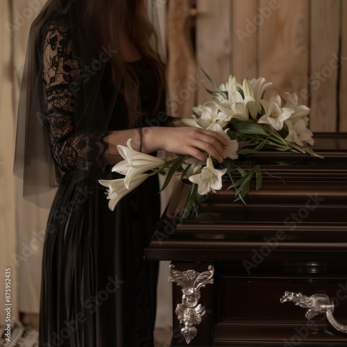 Solemn Farewell: Woman with Lilies at Funeral