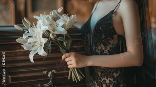 Solemn Farewell: Woman with Lilies at Funeral