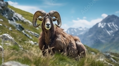 Wild sheep Urial, Ovis orientalis vignei, in the nature habitat. Sheep Urial sitting in the grass photo