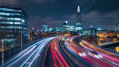 Urban Night Traffic with City Skyline photo