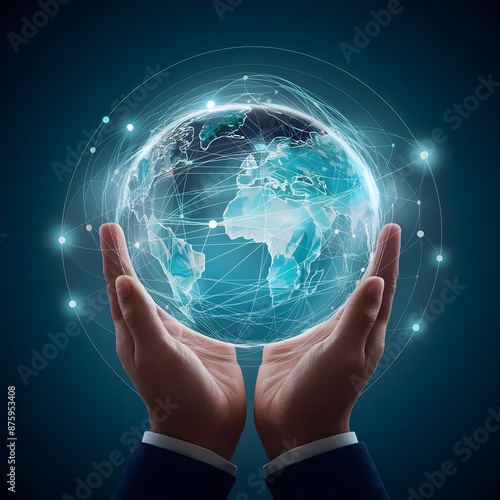 Hand touching global networking on data connection Science Big data internet technology Business Communication and internet technology concept