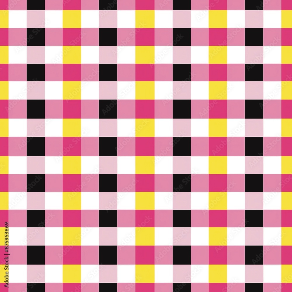 Black, pink, white, and yellow plaid fabric pattern contrasting fabric pattern seamless textile background Black, pink, white, and yellow plaid fabric pattern contrasting fabric pattern seamless textile background