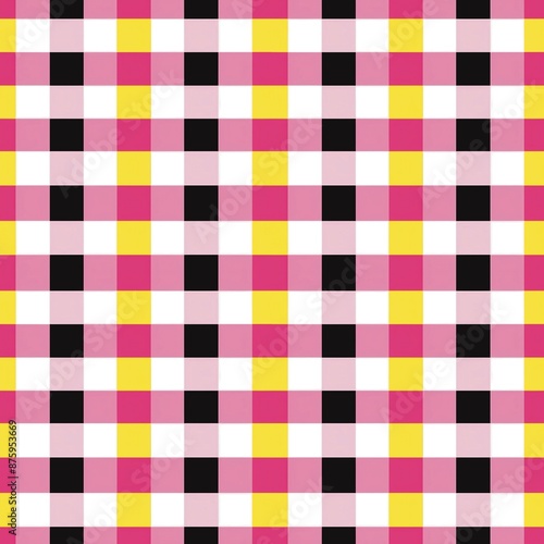 Black, pink, white, and yellow plaid fabric pattern contrasting fabric pattern seamless textile background