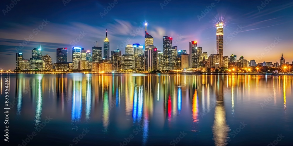 Fototapeta premium Stunning distant city skyline at night with glowing lights reflecting on water, cityscape, night, urban, skyline