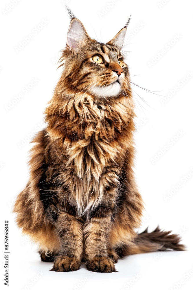 Curious maine coon cat sitting and looking up with interest on white background Curious maine coon cat sitting and looking up with interest on white background
