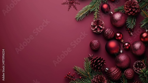 Pine branches and burgundy Christmas ornaments on a burgundy background. Christmas, New Year concept. Flat lay, top view, copy space.