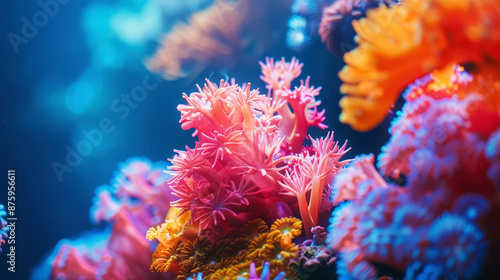 Aesthetic oceanic colorful fluorescent coral reef on blue background. Copy space. Aquarium hobby. Generative AI