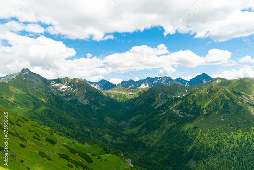 Beautiful mountain landscape in summer. Green grass, high rocks, blue sky and white clouds. Natural background. Tatra Mountains