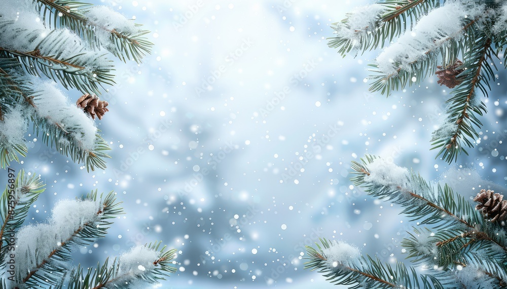 The photo shows snow-covered fir branches on a blurred background. The photo shows snow-covered fir branches on a blurred background.