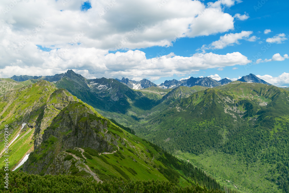 Beautiful mountain landscape in summer. Green grass, high rocks, blue sky and white clouds. Natural background. Tatra Mountains Beautiful mountain landscape in summer. Green grass, high rocks, blue sky and white clouds. Natural background. Tatra Mountains