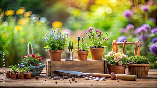 Miniature botanical garden display featuring tiny flowers and tools, miniature, botanical garden, display, tiny, flowers