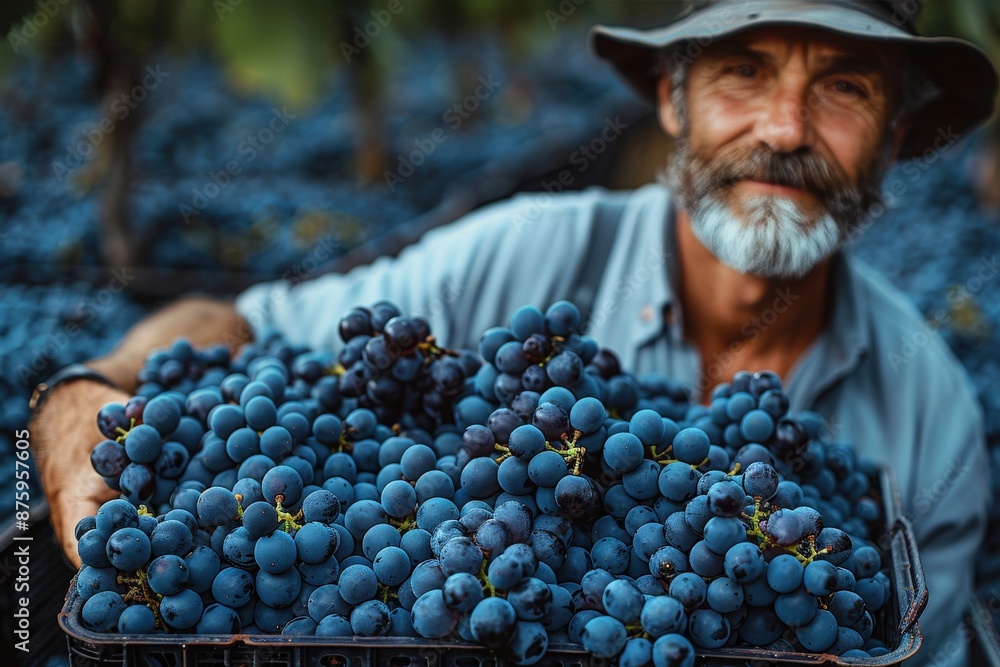 Obraz premium A seasoned grape farmer proudly holds a basket filled with ripe grapes, standing in a lush vineyard, representing the nurturing and harvesting essence of viticulture.