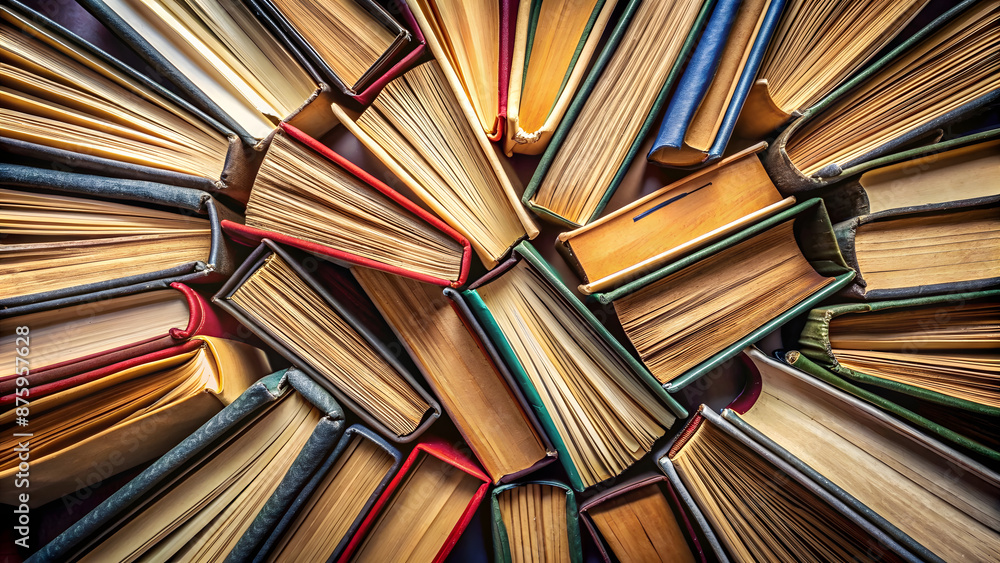 Fototapeta premium Many old books on a dark background. Back to school concept.