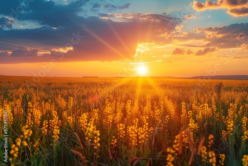 Field of yellow flowers at sunset