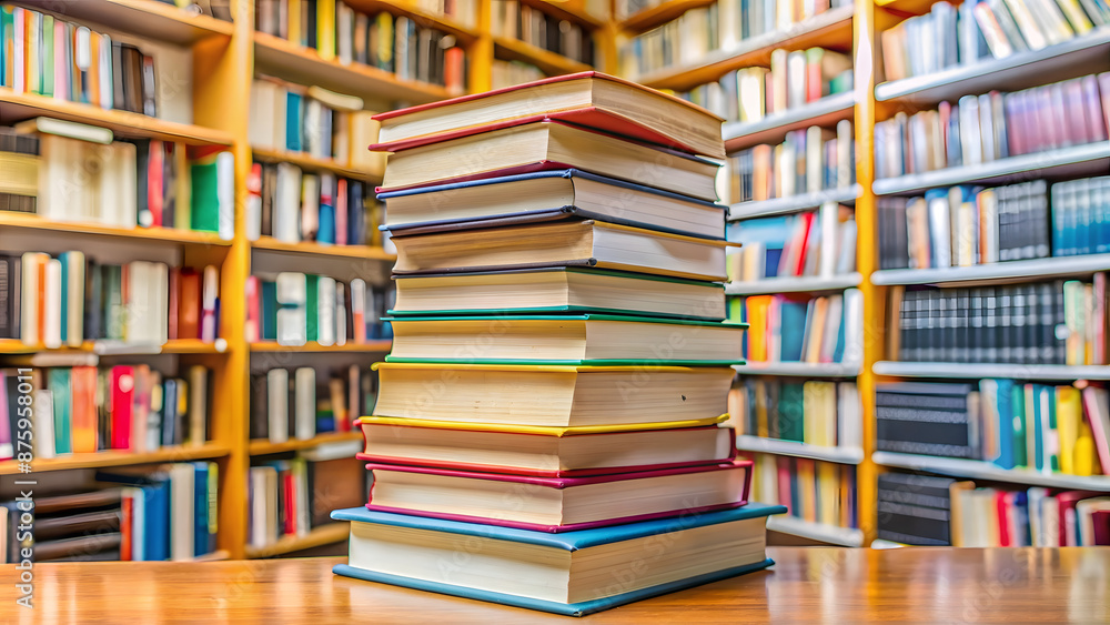 Books on a table in a library. Selective focus. Education. Books on a table in a library. Selective focus. Education.