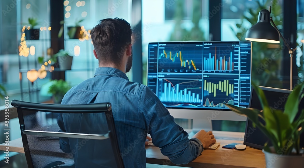 Businessman trading stocks analyzing charts and graphs on a computer at his desk at work Businessman trading stocks analyzing charts and graphs on a computer at his desk at work
