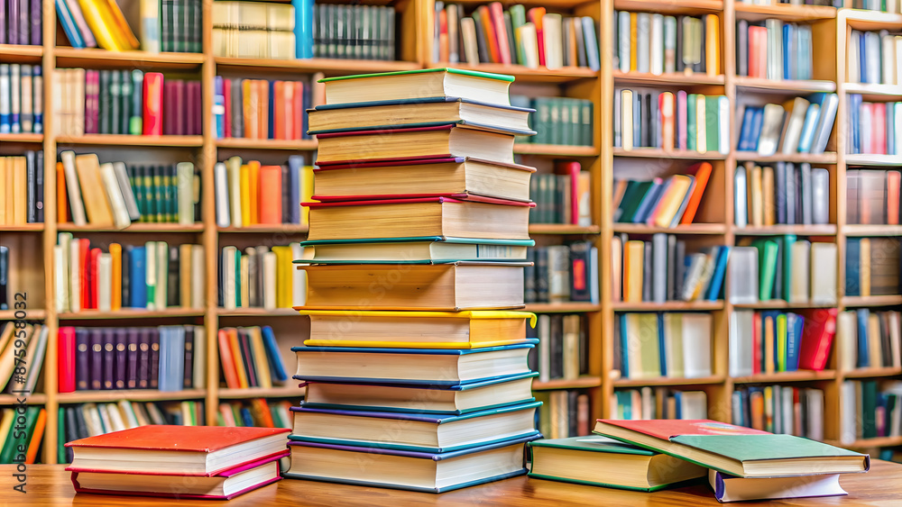 Stack of books on a table in a library. Education concept. Stack of books on a table in a library. Education concept.
