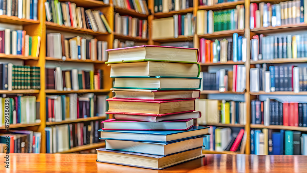 Stack of books in the library. Education concept. Back to school.