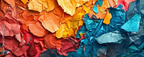 Abstract background of red, orange, yellow and blue crumpled paper. photo
