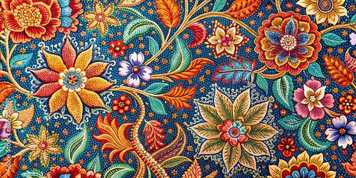 Traditional Malaysian batik pattern with intricate floral motifs in vibrant colors, traditional, Malaysia, batik, pattern