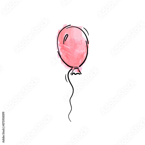 Vector drawing of a hot air balloon. Modern hand drawn, doodle and red pink watercolor style isolated on white background. Design element