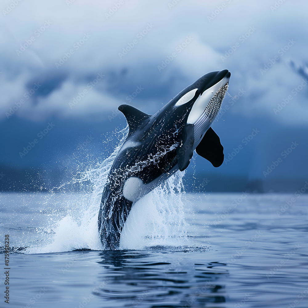 Fototapeta premium A killer whale leaps into the middle of the sea.