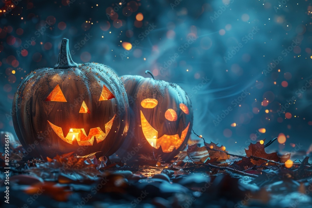 Two illuminated jack-o'-lanterns sitting on the ground with fog and falling leaves during halloween night Two illuminated jack-o'-lanterns sitting on the ground with fog and falling leaves during halloween night