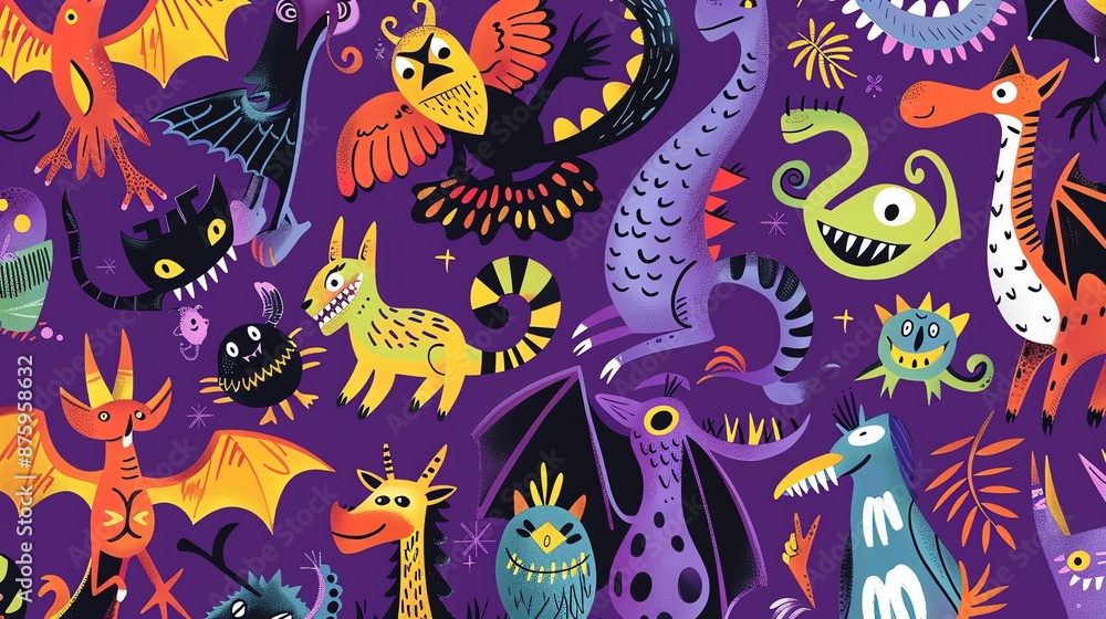 Obraz premium A colorful pattern of cartoon monsters on a purple background.