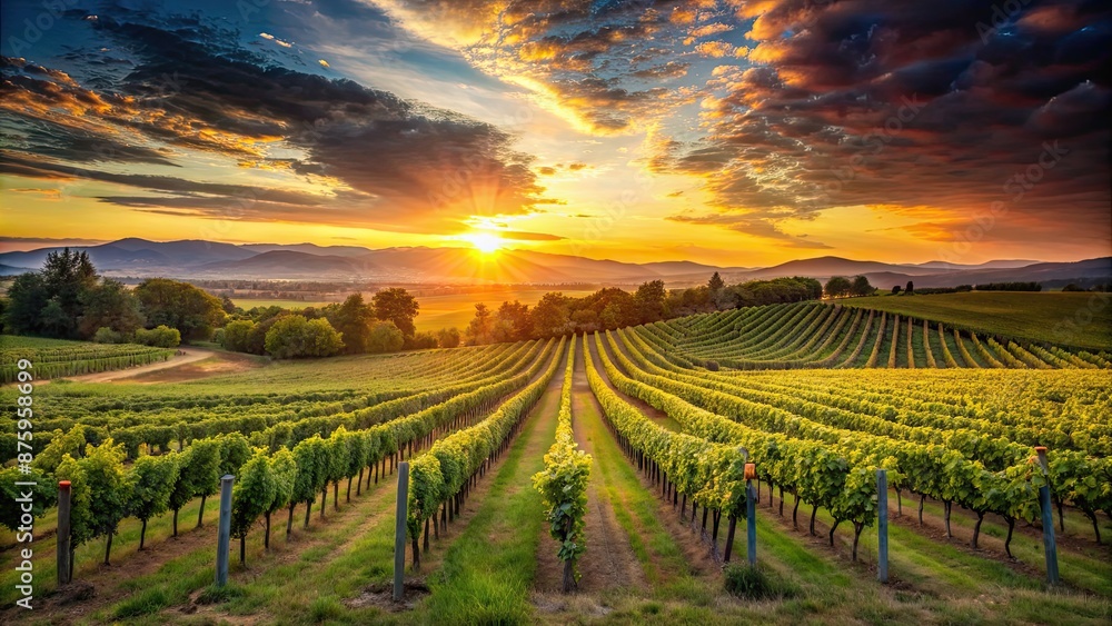Vibrant landscape of a vineyard at sunset, vineyard, sunset, landscape, dusk, winery, agriculture, grapevines Vibrant landscape of a vineyard at sunset, vineyard, sunset, landscape, dusk, winery, agriculture, grapevines