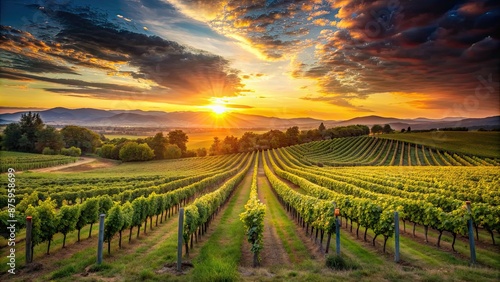 Wallpaper Mural Vibrant landscape of a vineyard at sunset, vineyard, sunset, landscape, dusk, winery, agriculture, grapevines Torontodigital.ca