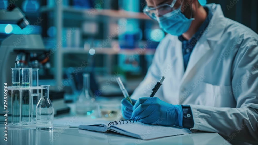 Lab Scientist Notes Experiments in a Blue-Lit Laboratory Lab Scientist Notes Experiments in a Blue-Lit Laboratory