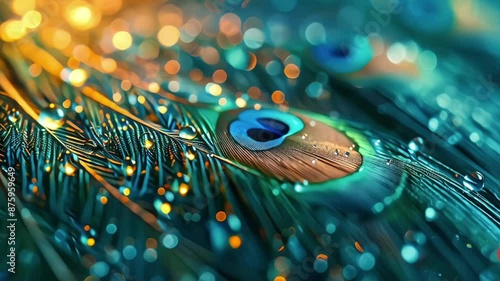 peacock feather closeup, Close-up of peacock feather with water droplets. Vibrant wildlife and nature concept