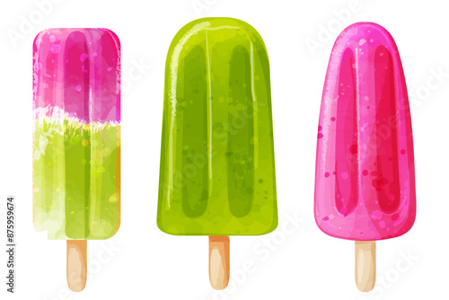Set of watercolor colorful ice creams. Vector summer ice cream illustration
