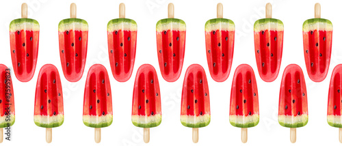 Seamless border with watercolor watermelon ice cream. Vector summer background for cafe design, wrapping paper, gift