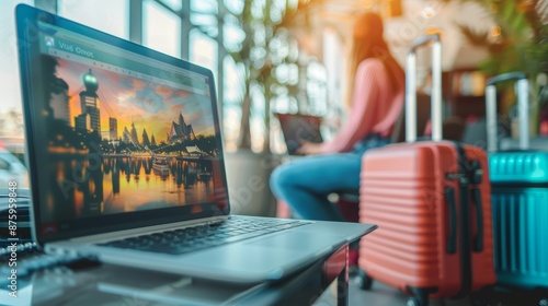 A booking hotel for vacation online, with a computer displaying a travel website and modern technology, Tour reservation, Booking online concept.