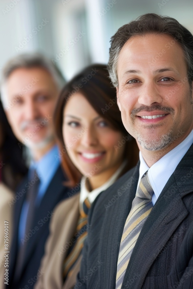 Businessman smiling with team in background Businessman smiling with team in background