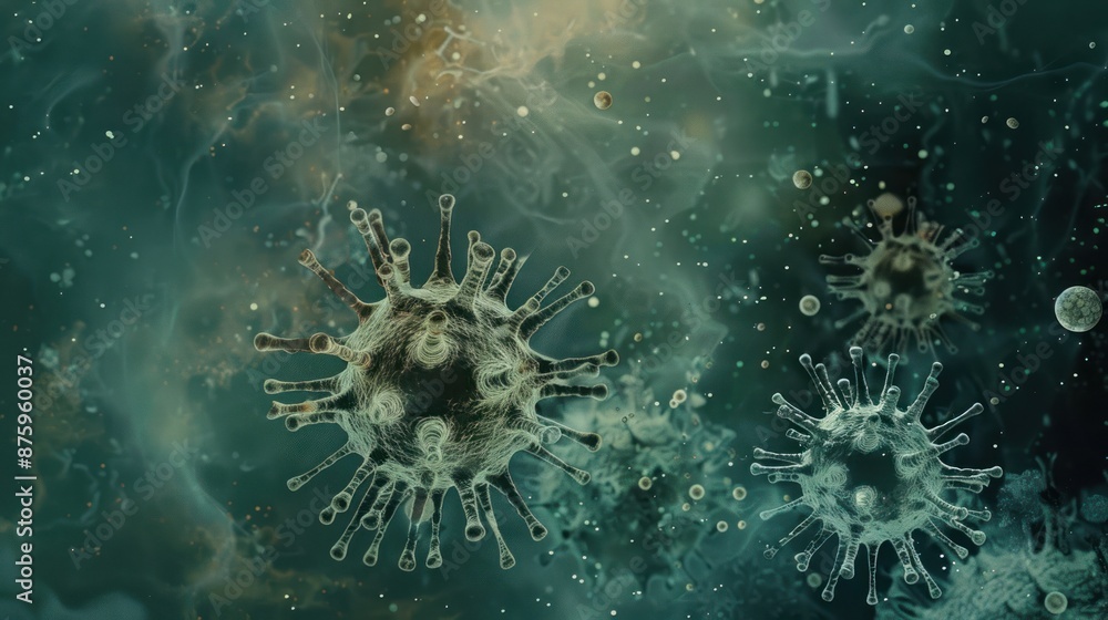 Microscopic View of Virus Particles in a Greenish Background Microscopic View of Virus Particles in a Greenish Background