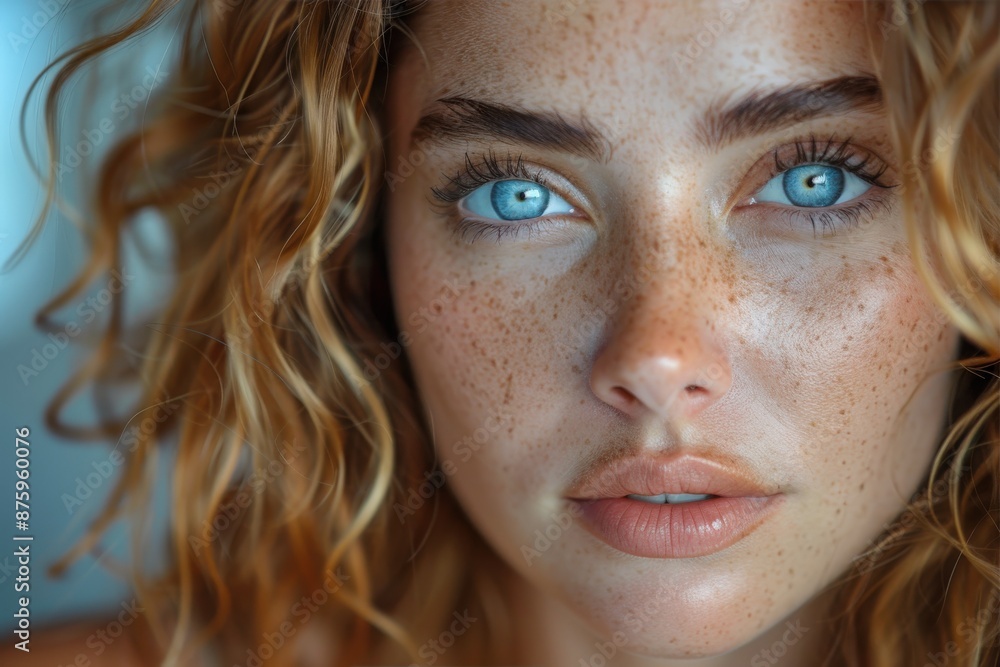An intimate close-up image capturing the clear blue eyes and freckled face of a young woman, with her hair softly framing her face, exuding natural beauty and elegance. An intimate close-up image capturing the clear blue eyes and freckled face of a young woman, with her hair softly framing her face, exuding natural beauty and elegance.