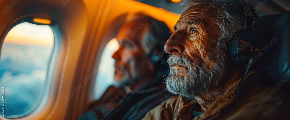 Two Men On An Airplane Using Onboard Entertainment Two Men On An Airplane Using Onboard Entertainment