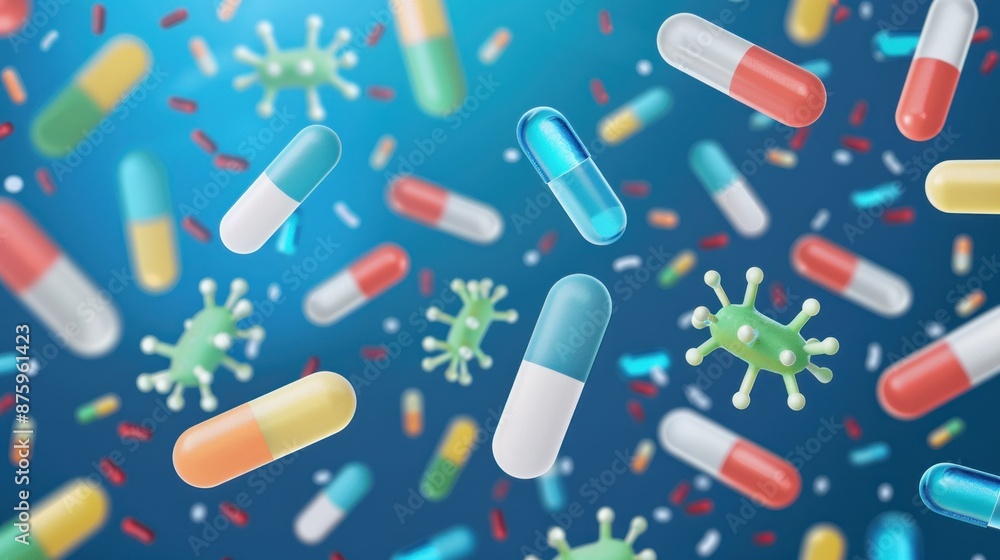 Capsules and Microbes Falling on a Blue Background Capsules and Microbes Falling on a Blue Background