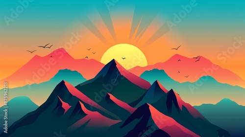 Epic mountain hiking adventure clipart, sunrise view, flat vector art, simple cartoon 2D emblem #875962213