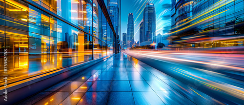 Nighttime City Street with Blurred Traffic and Modern Architecture