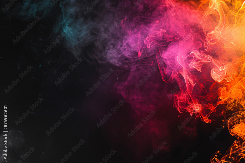Fototapeta premium Colorful swirls of smoke in red orange purple and blue hues blend artistically on a dark background forming a vibrant abstract image with a dynamic flow