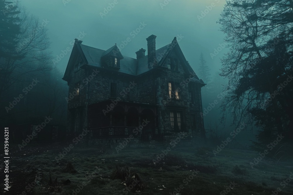 Scary haunted house with glowing windows in a foggy forest at night Scary haunted house with glowing windows in a foggy forest at night
